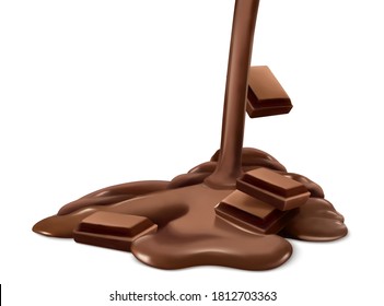 Delicious chocolate flowing down over the chocolate bars isolated on white background in 3d illustration