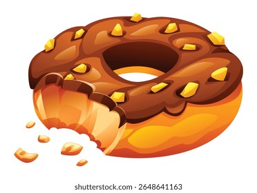 Delicioso rosted donut chocolate com pedaços de caramelo dourado e mordida ausente, revelando seu interior saboroso. Ilustração de desenho animado vetorial