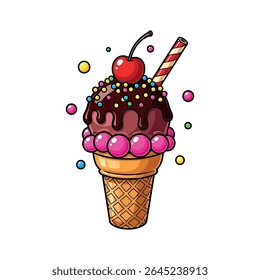 Delicious Chocolate Ice Cream Cone with Cherry, Toppings, and Sprinkles - Vector Illustration