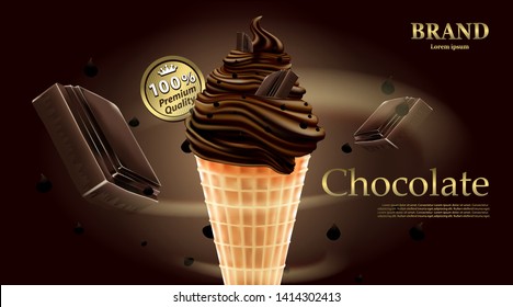 Delicious Chocolate ice cream, Chocolate with milk cream for summer on brown background ,vector illustration