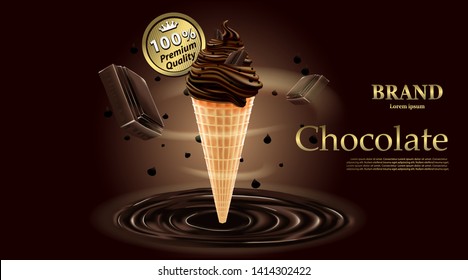 Delicious Chocolate ice cream, Chocolate with milk cream for summer on brown background ,vector illustration