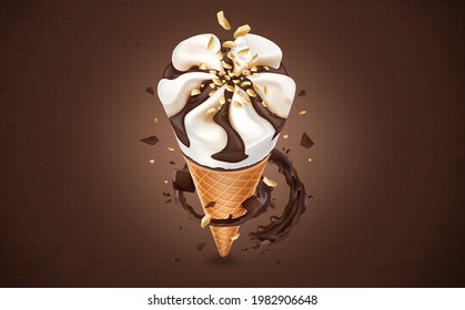 Delicious chocolate ice cream in a waffle cone with chocolate splash vector illustration