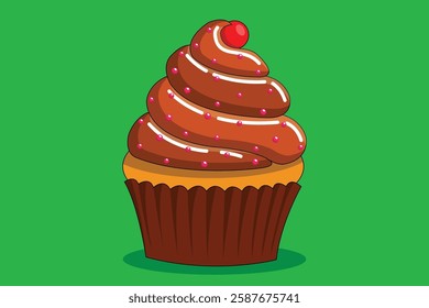 Delicious chocolate icing cupcake with fresh cheery on top vector illustration