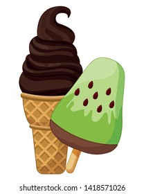 Delicious chocolate kiwi popsicle and sundae cone ice cream vector illustration graphic design