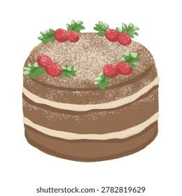Delicious chocolate layer matilda cake decorated with fresh red raspberries and green leaves holiday dessert