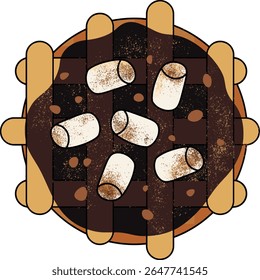 Delicious chocolate marshmallow waffle topped with rich, dark chocolate sauce and toasted marshmallows