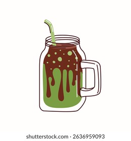 Delicious Chocolate matcha cocktail in a Mason Jar with Chocolate Drizzle, icon, isolated on the white background
