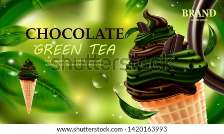 Delicious Chocolate and matcha green tea ice cream, Chocolate with milk cream for summer on green background ,vector illustration