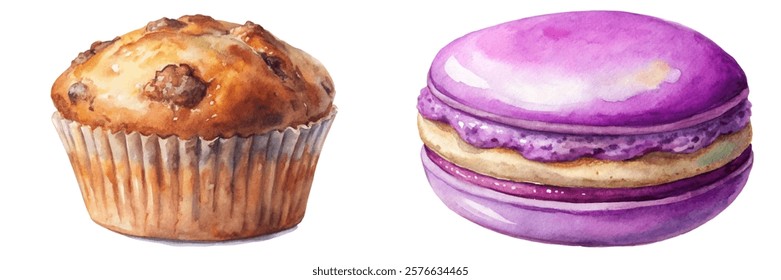 Delicious chocolate muffin, vibrant purple macaron, watercolor style, bakery treats, dessert illustration, food art.