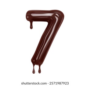 Delicious chocolate number seven with dripping chocolate effect. Isolated 3d vector 7 numeral symbol crafted from rich, smooth chocolate, complete with enticing glossy drips confectionery dessert sign