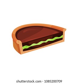 Delicious chocolate pie with green filling. Half of tasty tart. Confectionery product. Flat vector for promo poster or flyer of pastry shop