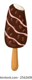 Delicious chocolate popsicle with nuts and topping. Summer dessert. Vector.