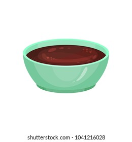 Delicious chocolate sauce in ceramic dip bowl. Homemade syrup made from cacao. Good for pancakes, ice-cream and other desserts. Cartoon flat vector design