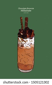 Delicious chocolate shake with chocolate icing and biscuits, marshmallows and brownie on top. hand draw sketch vector.