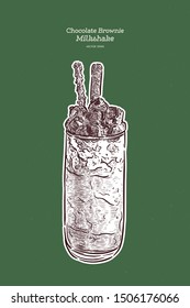 Delicious chocolate shake with chocolate icing and biscuits, marshmallows and brownie on top. hand draw sketch vector.