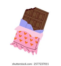 Delicious chocolate for Valentine's day. Tasty cocoa product. Hand drawn modern illustration. Sweet, delicious dessert. For pastry shop, wrapping.