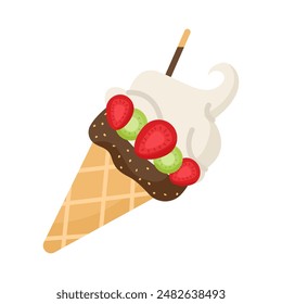 Delicious chocolate vanilla fruit ice cream cone