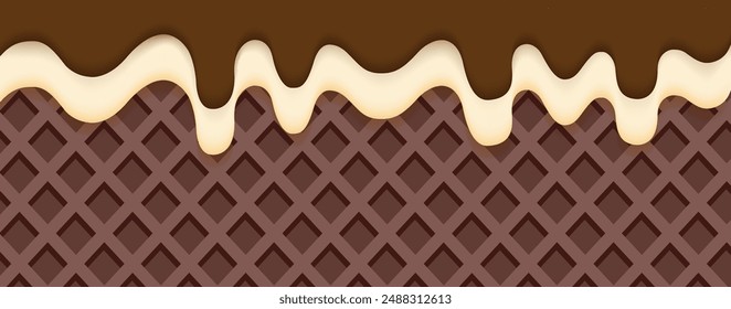 Delicious Chocolate Waffle and Cream Drip Background.