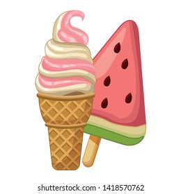 Delicious chocolate watermelon popsicle and sundae cone ice cream vector illustration graphic design