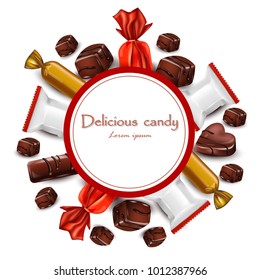 Delicious chocolates candy round card Vector realistic illustrations