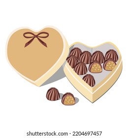Deliciosos chocolates en una caja con forma de corazón, aislados en un fondo blanco.Composición de postre vectorial para los diseños festivos.