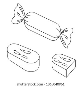 Delicious chocolates wrapped in candy wrappers. Unfolded candy, half candy. Linear art, simple vector image.