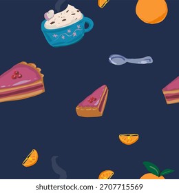 Un delicioso patrón de Navidades con un árbol de Año Nuevo, trozos de pastel, capuchino y naranjas brillantes. Atmósfera de Festiva. Imagen de Vector, EPS 10