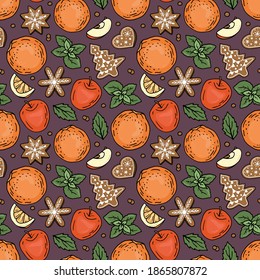 Köstliches, nahtloses Weihnachtsmuster. Apfel, Lebkuchen, Minze. Handgezeichnet. Design für Gewebe, Textilien, Tapeten, Verpackungen.