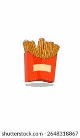 Delicious churros cake in red paper container. Food mockup design on white background 