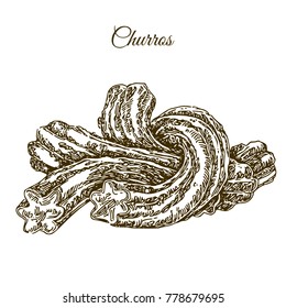 Delicious churros. Engraving style. Vector illustration.