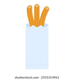 Delicious churros vector illustration. Churros in paper bag. Churros sign, symbol, icon