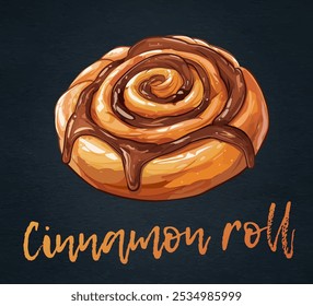 Deliciosa Ilustración vectorial de dibujos animados de rollo de canela. Amado icono de desayuno y postre. Pastel dorado-marrón remolinado con canela y rociado con mantequilla derretida rica