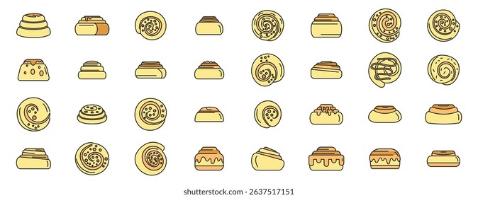 Delicious cinnamon roll icons depict various styles and toppings, showcasing swirls of sweet dough and icing
