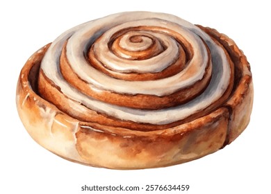 Delicious cinnamon roll, soft pastry, creamy frosting, warm dessert, bakery treat, watercolor illustration, food art.