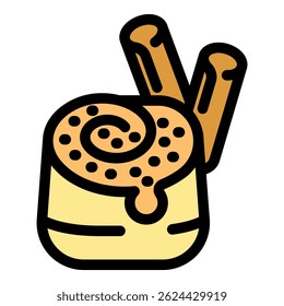 Delicious cinnamon roll topped with cinnamon sticks and dripping icing, perfect for breakfast or a sweet treat