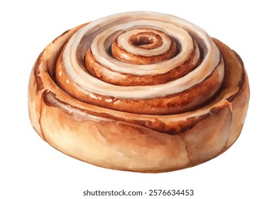 Delicious cinnamon roll, warm pastry, baked goods, sweet dessert, food illustration, watercolor style, cozy kitchen.