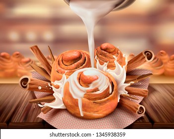 Delicious cinnamon rolls with condensed milk and rou gui herbs on bokeh background, 3d illustration