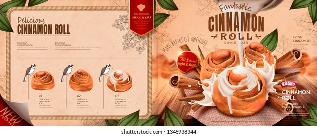 Delicious cinnamon rolls menu with pouring milk in 3d illustration