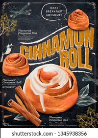 Delicious cinnamon rolls on black chalkboard background, 3d illustration