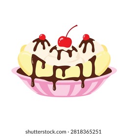 Delicious Classic Banana Split Dessert with Vanilla Ice Cream, Chocolate Syrup, and Red Cherries