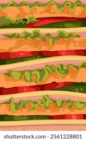 Delicious closed up flat design sandwich background bread vegetables and cheese bacon