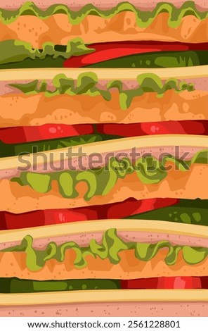 Delicious closed up flat design sandwich background bread vegetables and cheese bacon