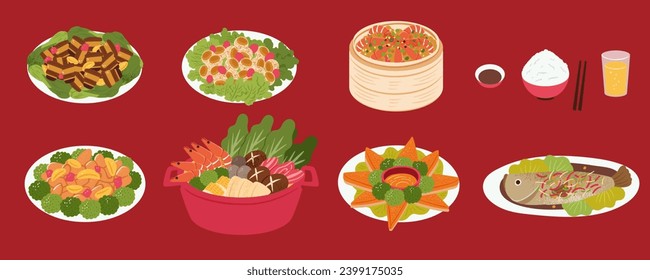 Delicious CNY reunion dinner dishes isolated on red background.