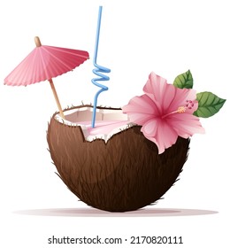 Delicious Cocktail In Coconut. Umbrella, Tubule, Hibiscus, Coconut. Summer Beach Illustration.