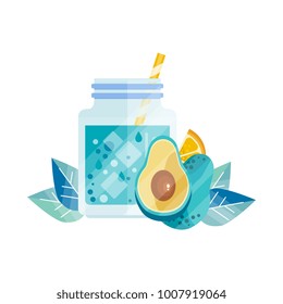 Delicious cocktail from ripe avocado and orange. Glass jar with ice cubes and drinking straw. Natural and healthy drink. Refreshing beverage. Flat vector design