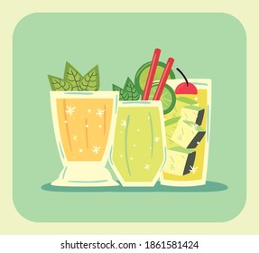 delicious cocktails with leaves, sliced lemon and ice cubes vector illustration design