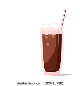 Deliciosa bebida de cacao con malvaviscos en un vaso alto con paja. Ilustración de dibujos animados sobre un fondo blanco
