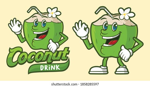 Delicious coconut drink, with funny cartoon character