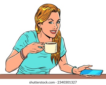 Delicious coffee in all cafeterias of the world. Delivery of a hot drink to your work or home. The girl is drinking coffee. Pop Art Retro Vector Illustration Kitsch Vintage 50s 60s Style