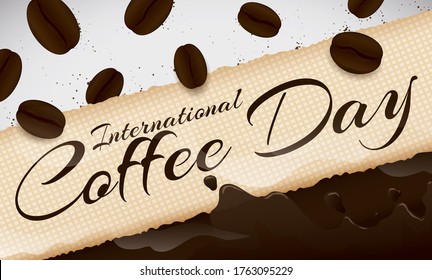 
Delicious coffee beverage and some beans falling in it, decorated with a sack fabric and greeting message to celebrate International Coffee Day.